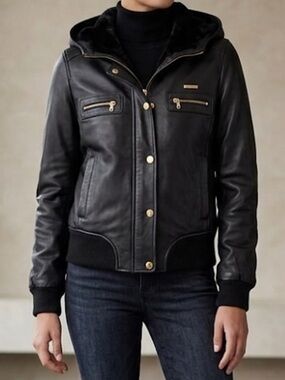 Sean John Vintage Y2K Leather Hood Inside Faux Fur Black Bummer‎ Jacket Size L